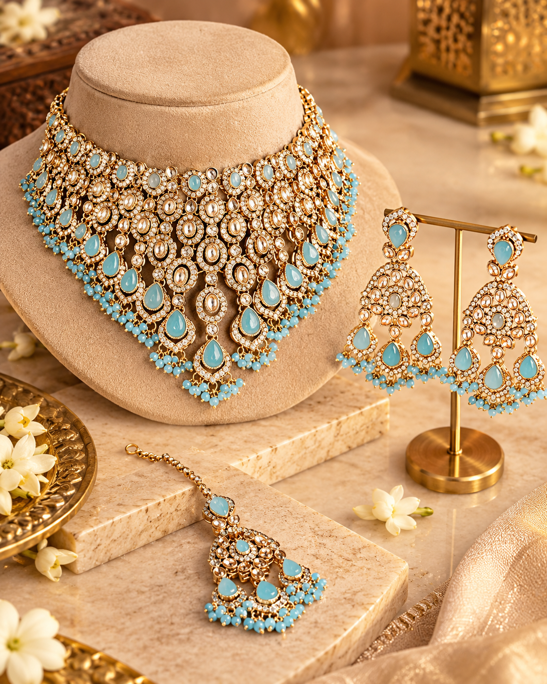 Sky Blue Stone Gold-Tone Traditional Bridal Jewellery Set for Women | Statement Necklace, Matching Earrings & Maang Tikka | Wedding, Party Wear & Festive Ethnic Jewellery