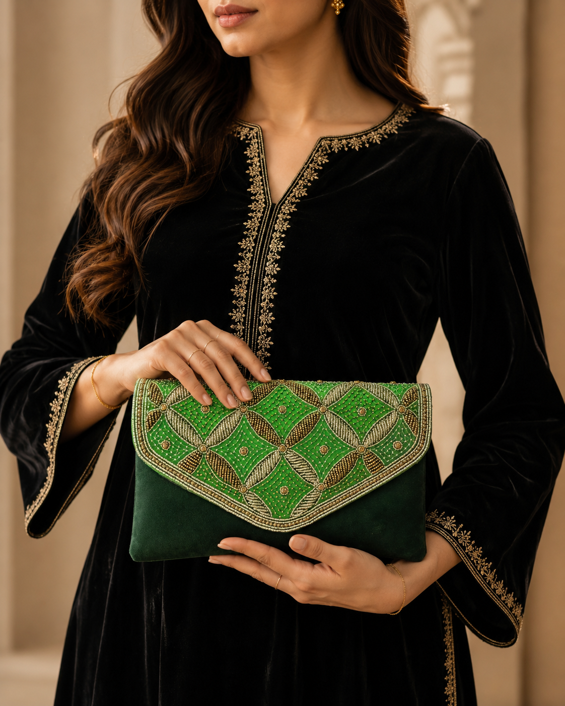 Green Handcrafted Embellished Clutch Bag | Party & Wedding Clutch