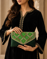 Green Handcrafted Embellished Clutch Bag | Party & Wedding Clutch