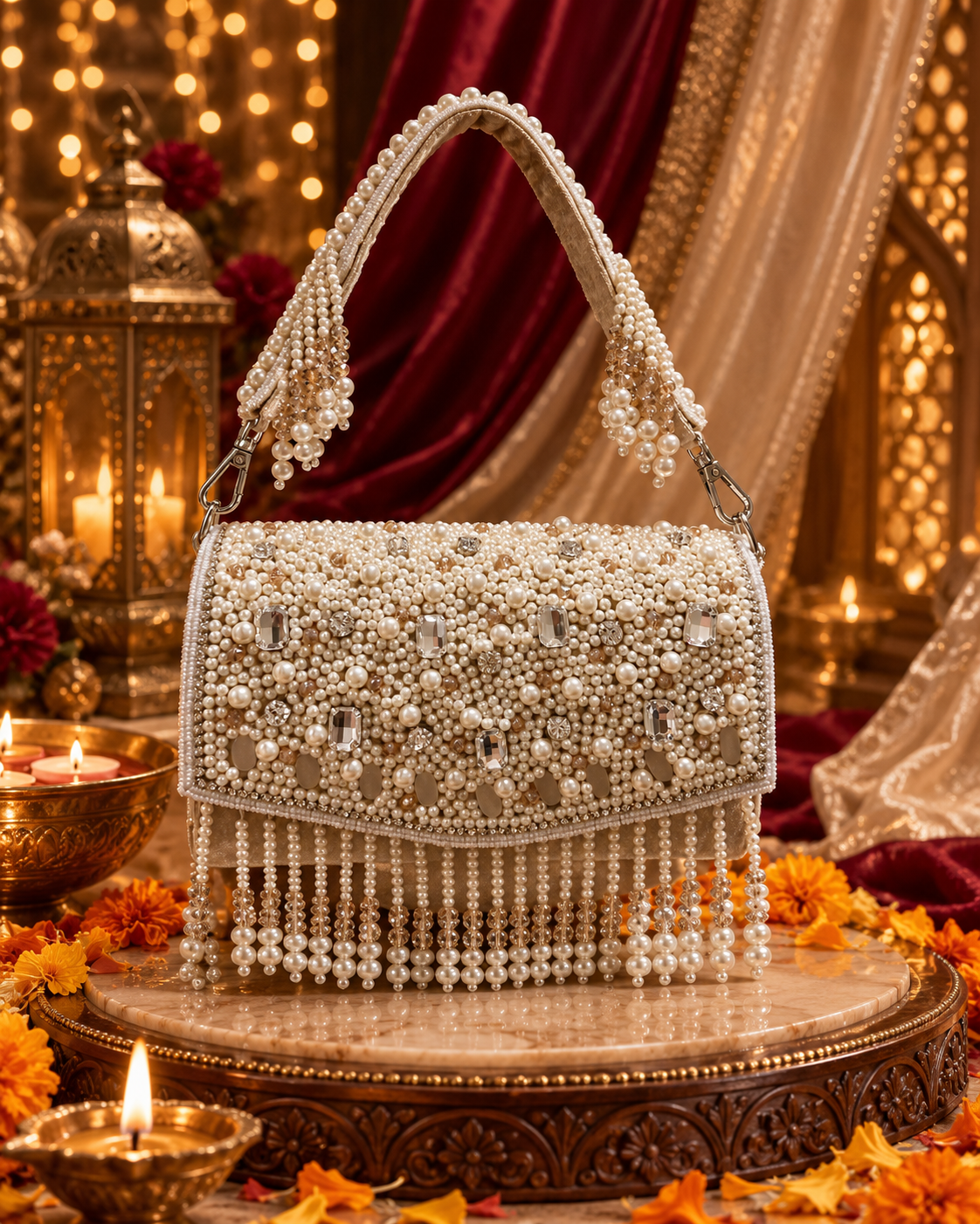 Pearl & Crystal Embellished Velvet Handbag with Detachable Sling