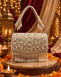Pearl & Crystal Embellished Velvet Handbag with Detachable Sling