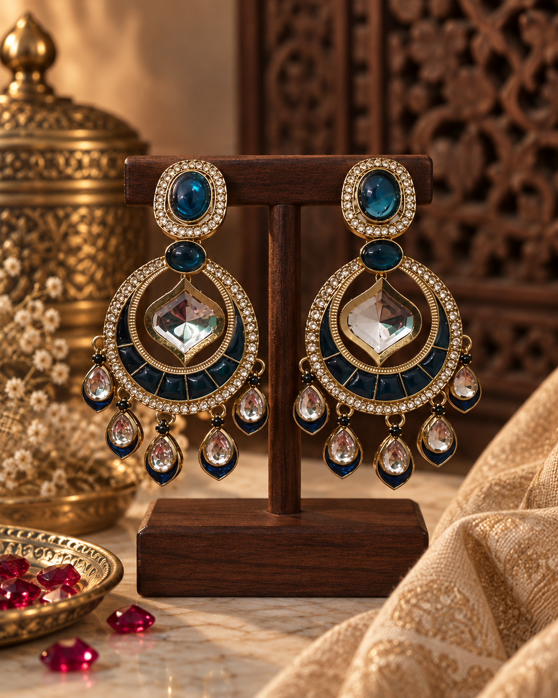 Statement Ethnic Earrings for Women, Traditional Indian Jewellery with Black Blue & Purple Stone Details, Long Drop Designer Earrings for Wedding & Festive Wear