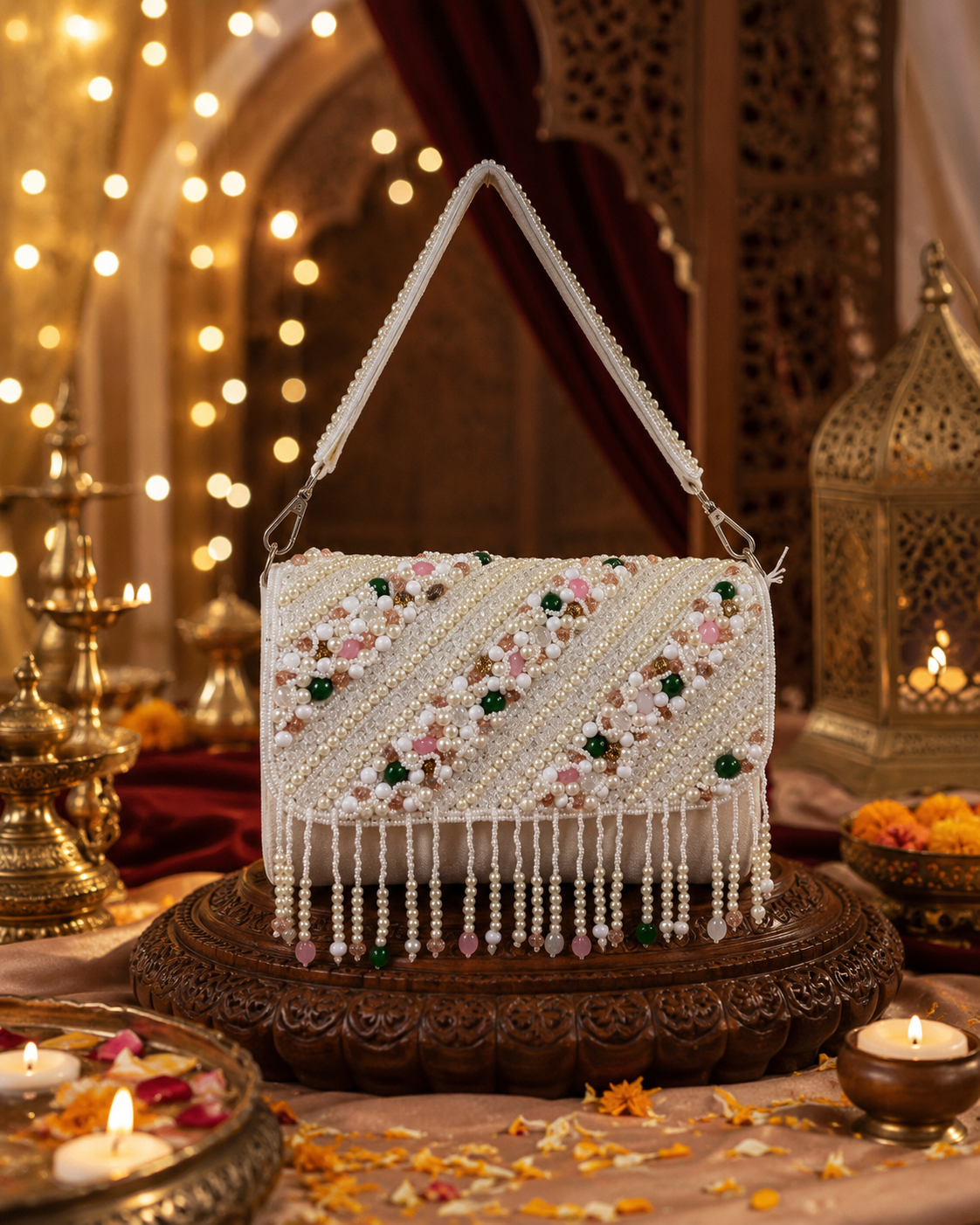 Pearl Embellished Velvet Handbag | Bridal & Party Sling Purse
