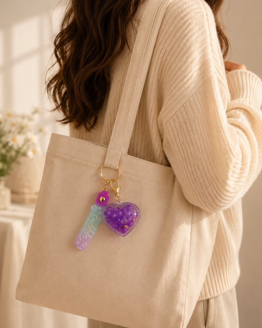Cute & Lovely Heart Bead Keychain | Aesthetic Handmade Bag Charm | Purple Heart Pendant Keyring