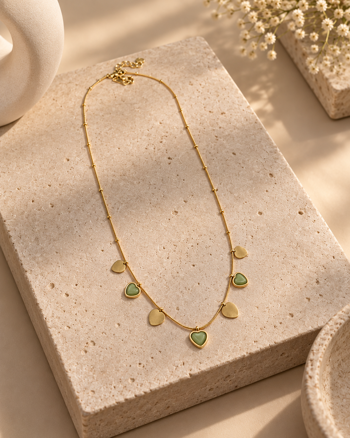 Gold Green Heart Necklace for Women | Dainty Charm Necklace with Green Heart & Disc Charms | Trendy Everyday Jewellery