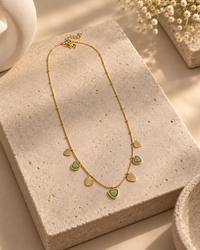 Gold Green Heart Necklace for Women | Dainty Charm Necklace with Green Heart & Disc Charms | Trendy Everyday Jewellery