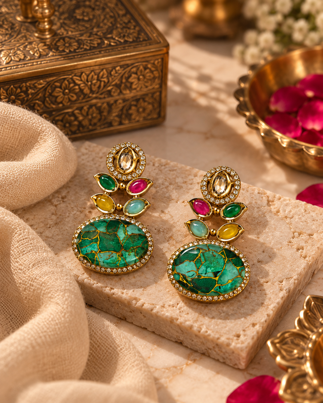 Unique Multicolour Statement Stud Earrings for Women – Emerald Green Marble Stone & Gold-Tone Design