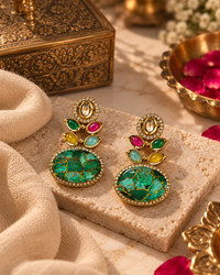 Unique Multicolour Statement Stud Earrings for Women – Emerald Green Marble Stone & Gold-Tone Design