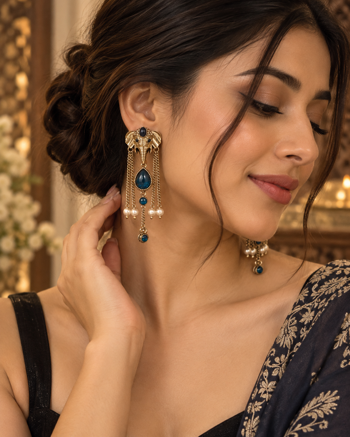 Elephant Earrings for Women, Traditional Indian Long Dangle Earrings with Elephant Motif, Multicolor Stone & Bead Detailing, Ethnic Statement Jewellery for Festive & Party Wear