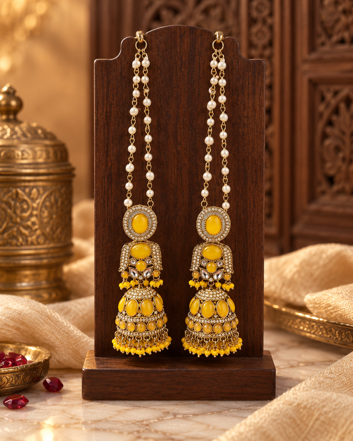 Traditional Pearl Chain Jhumka Earrings with Hair Chain for Women – Gold-Tone Ethnic Festive Jewellery | 3 Colour Variants