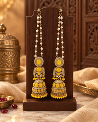 Traditional Pearl Chain Jhumka Earrings with Hair Chain for Women – Gold-Tone Ethnic Festive Jewellery | 3 Colour Variants