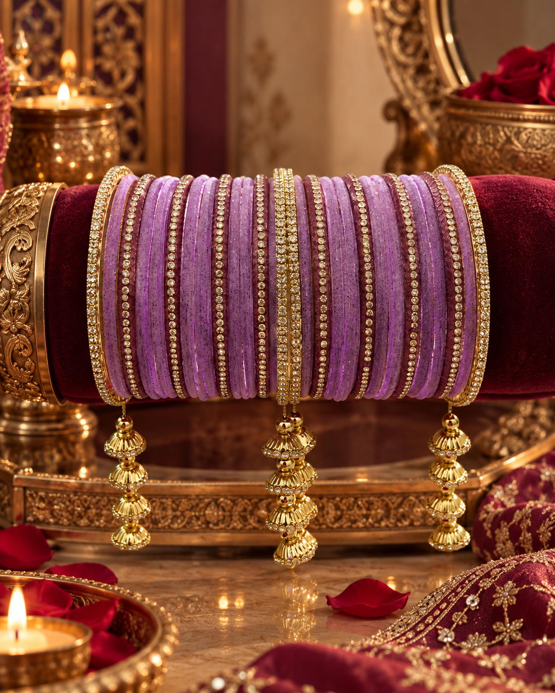 Lavender Velvet Bangles for Women, Designer Stone Studded Kangan Set, Traditional Bridal Jewellery for Wedding Festive Wear, Sizes 2.4 2.6 2.8