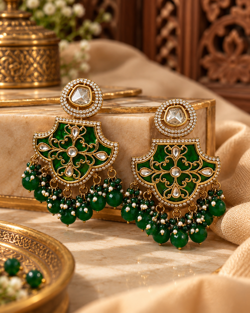 Premium Indian Statement Earrings for Women, Heavy-Look Lightweight Festive Earrings with Green Bead Detailing for Karwa Chauth, Diwali, Weddings & Functions