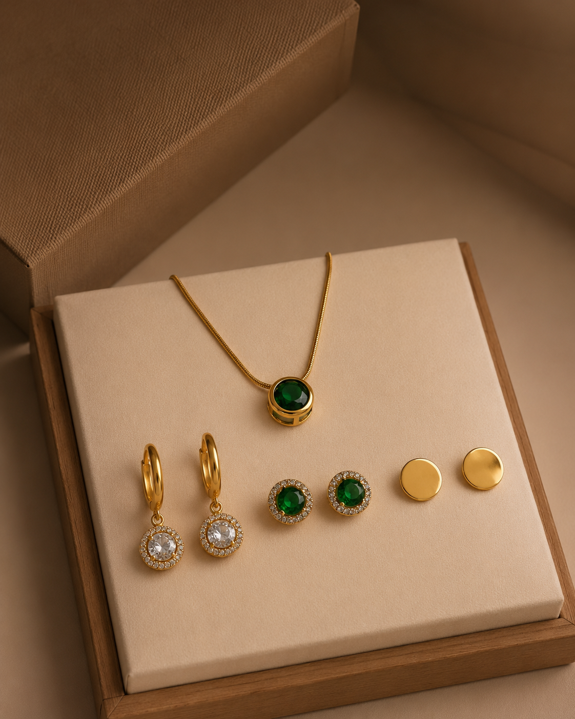 Anti Tarnish Green Pendant & 3 Pairs Earrings Combo Set for Women
