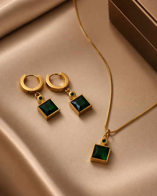 Anti Tarnish Emerald Pendant & Earrings Combo for Women