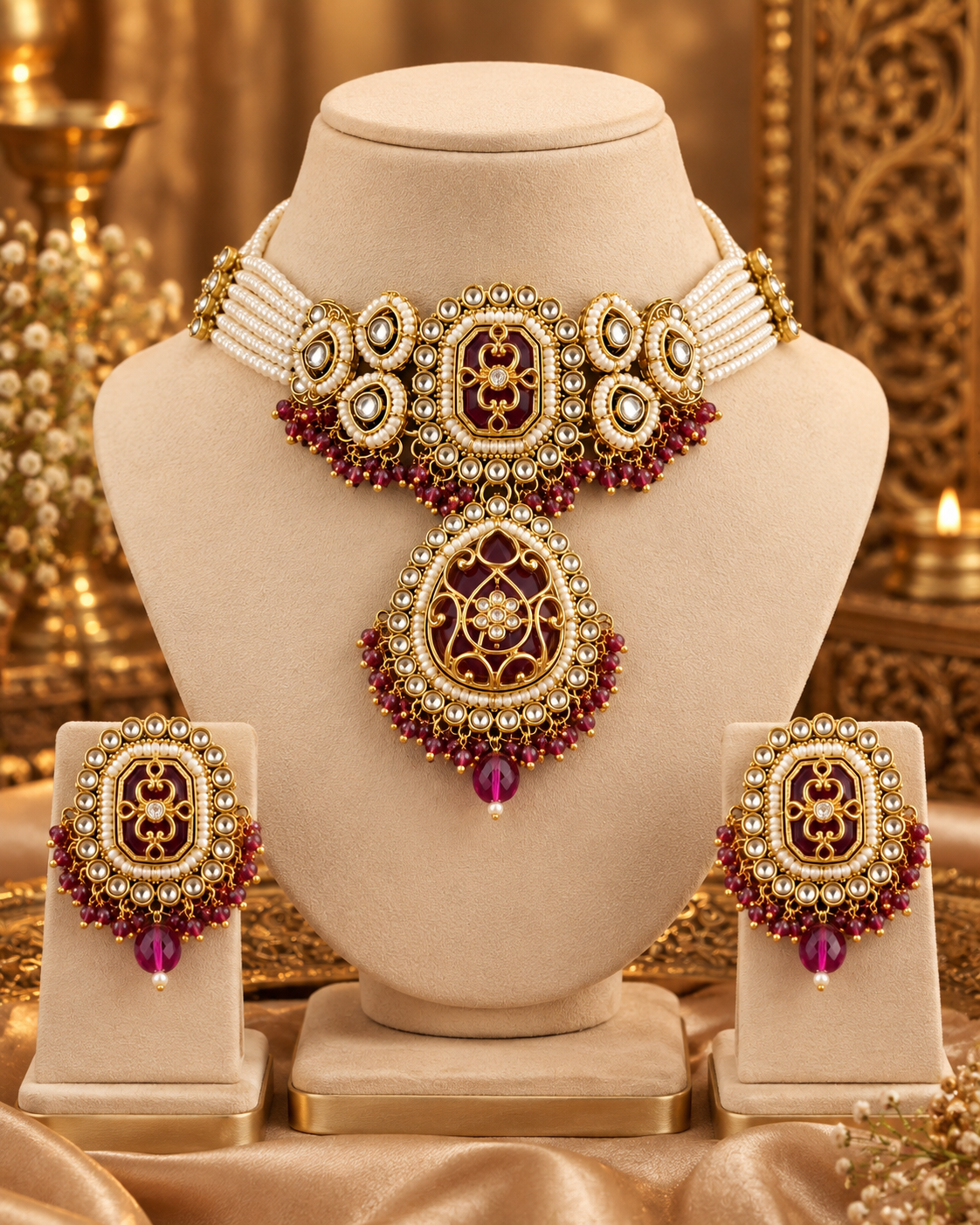 Premium Indian Necklace Set for Women with Earrings & Maang Tikka, Heavy-Look Lightweight Festive Jewellery Set for Karwa Chauth, Diwali, Weddings & Parties, Maroon
