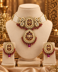 Premium Indian Necklace Set for Women with Earrings & Maang Tikka, Heavy-Look Lightweight Festive Jewellery Set for Karwa Chauth, Diwali, Weddings & Parties, Maroon