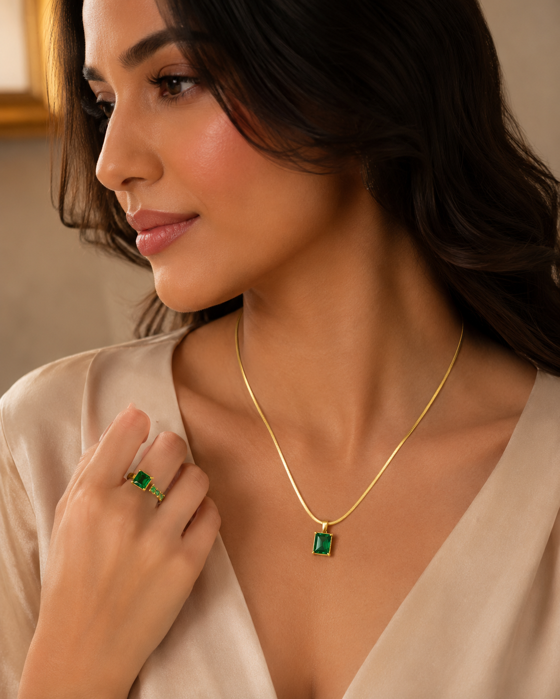 Anti Tarnish Emerald Pendant & Ring Combo for Women