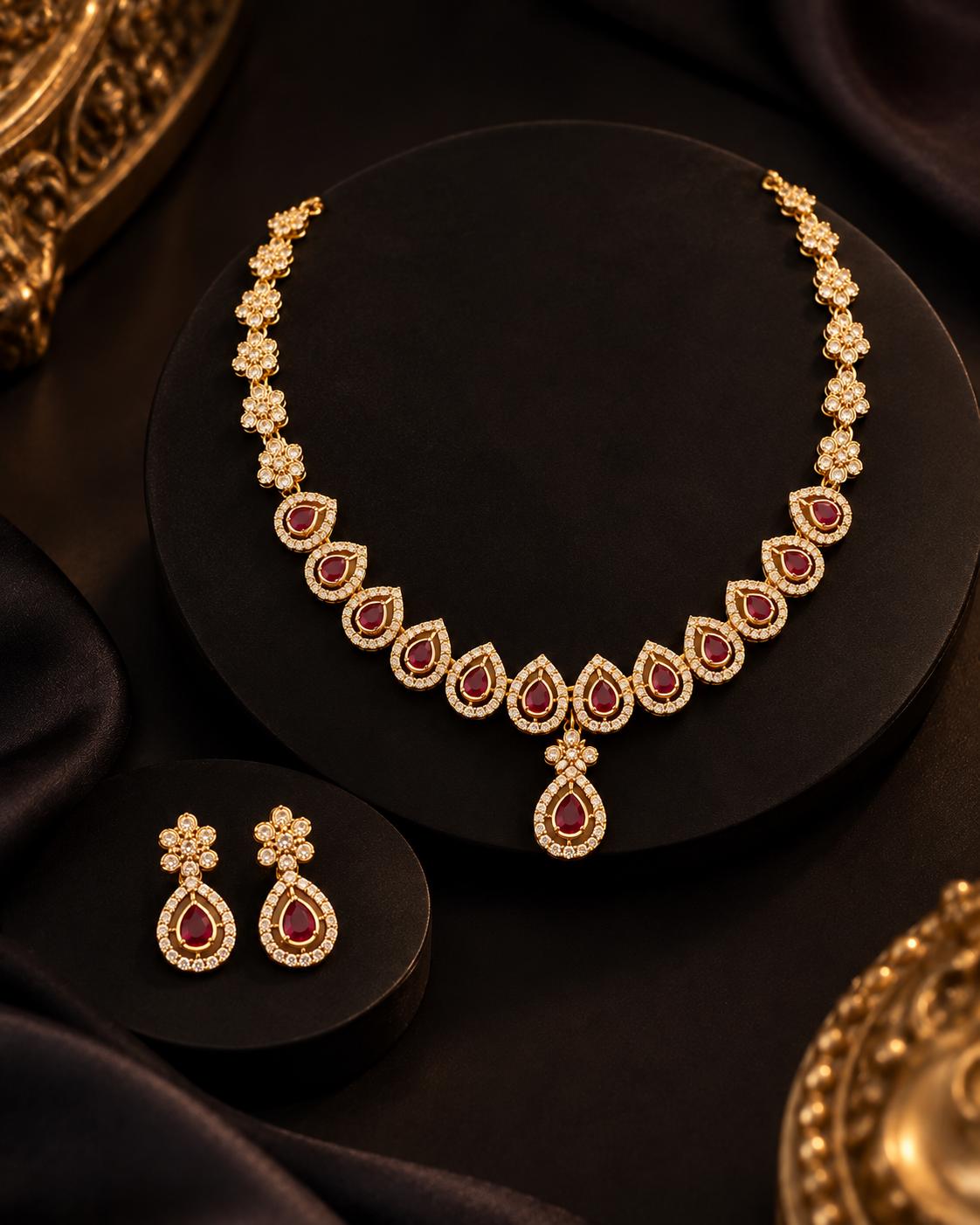 AD Necklace Set for Women, Premium Gold-Look American Diamond Jewellery with Necklace & Matching Earrings, Traditional Festive Wedding Jewellery for Saree & Ethnic Wear