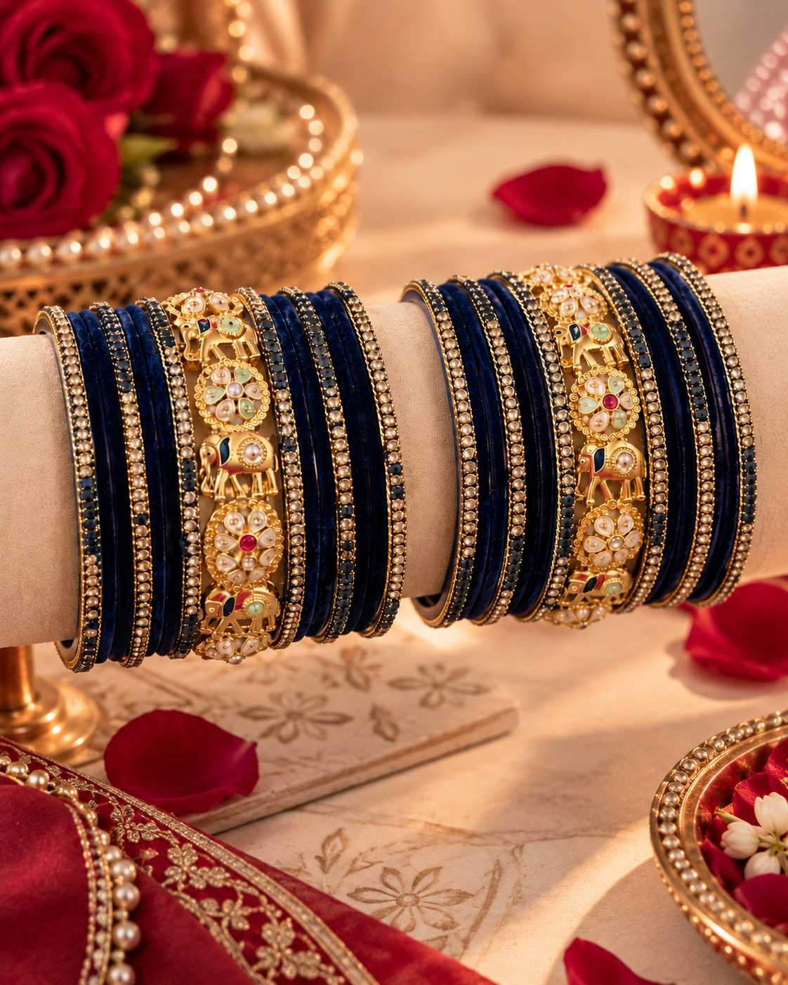 Blue Designer Bangle Set for Women, Stone Studded Kangan Choodiyan with Pearl & Gold Detailing, Wedding Festive Jewellery, Size 2.6