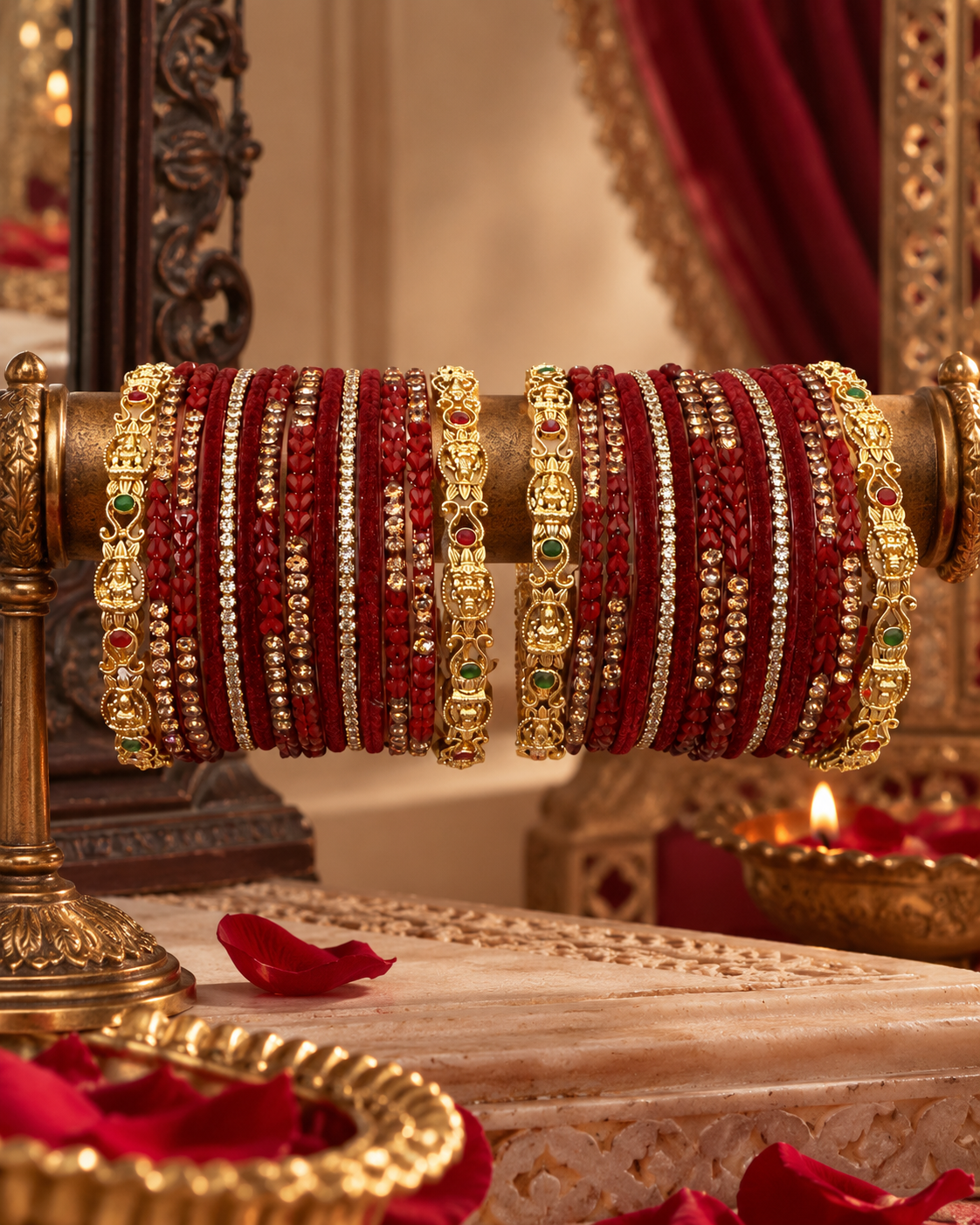 Maroon Bangles for Women, Designer Stone Studded Kangan Set with Gold-Tone Traditional Detailing, Indian Ethnic Jewellery for Wedding & Festive Wear, Size 2.6