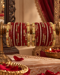 Maroon Bangles for Women, Designer Stone Studded Kangan Set with Gold-Tone Traditional Detailing, Indian Ethnic Jewellery for Wedding & Festive Wear, Size 2.6