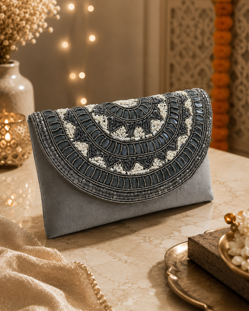 Grey Handcrafted Embellished Clutch Bag | Party & Wedding Clutch