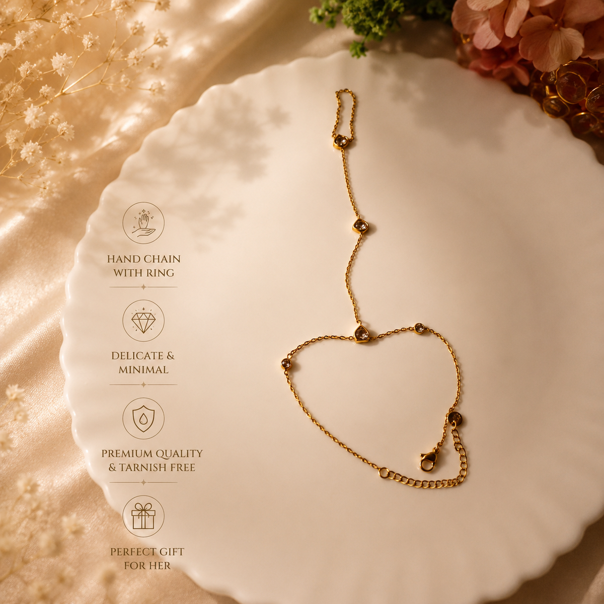Premium Anti Tarnish Elegant Crystal Hand Chain Bracelet with Ring for Women | Gold Stainless Steel Adjustable Finger Bracelet | Waterproof Tarnish-Free Minimal Jewelry