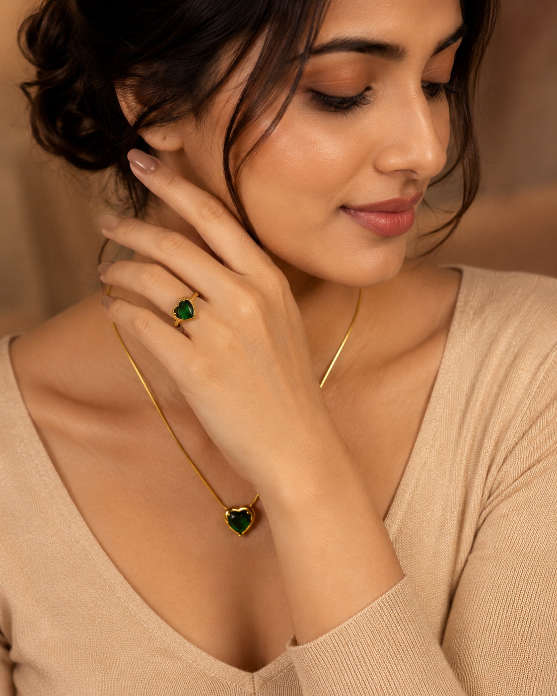 Anti Tarnish Green Heart Pendant & Adjustable Ring Combo