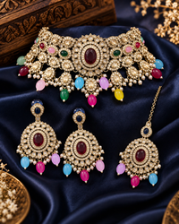 Premium Indian Multicolour Necklace Set for Women with Earrings & Maang Tikka, Heavy-Look Lightweight Festive Jewellery Set for Karwa Chauth, Diwali, Weddings & Parties