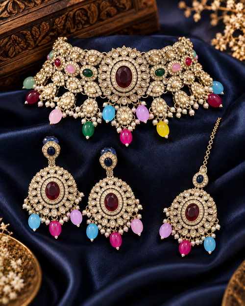 Premium Indian Multicolour Necklace Set for Women with Earrings & Maang Tikka, Heavy-Look Lightweight Festive Jewellery Set for Karwa Chauth, Diwali, Weddings & Parties