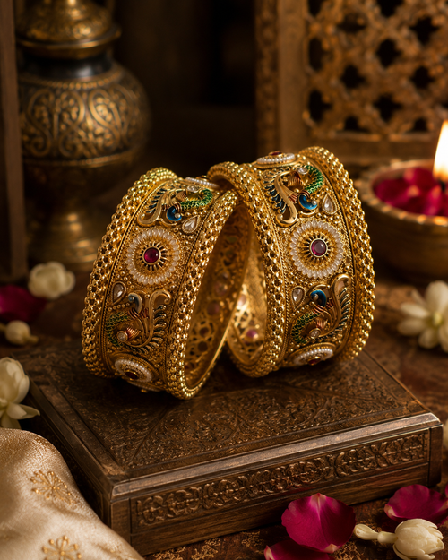 Jugnu Premium Peacock Kada Bracelet Set (Set of 2)