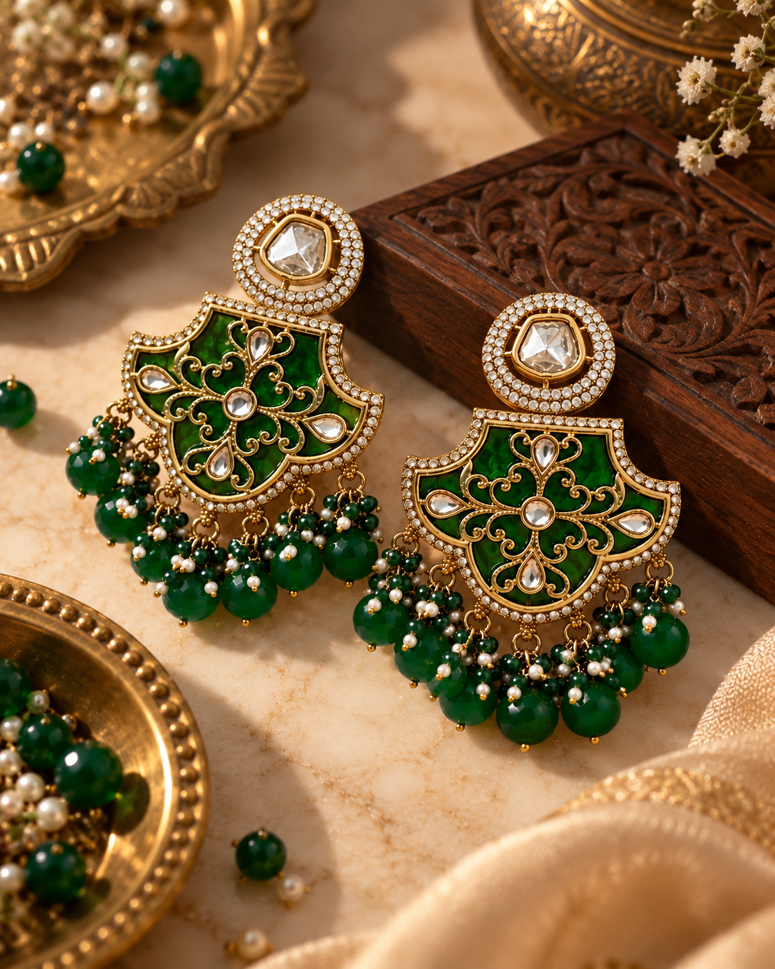 Premium Indian Statement Earrings for Women, Heavy-Look Lightweight Festive Earrings with Green Bead Detailing for Karwa Chauth, Diwali, Weddings & Functions