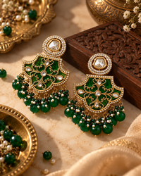 Premium Indian Statement Earrings for Women, Heavy-Look Lightweight Festive Earrings with Green Bead Detailing for Karwa Chauth, Diwali, Weddings & Functions