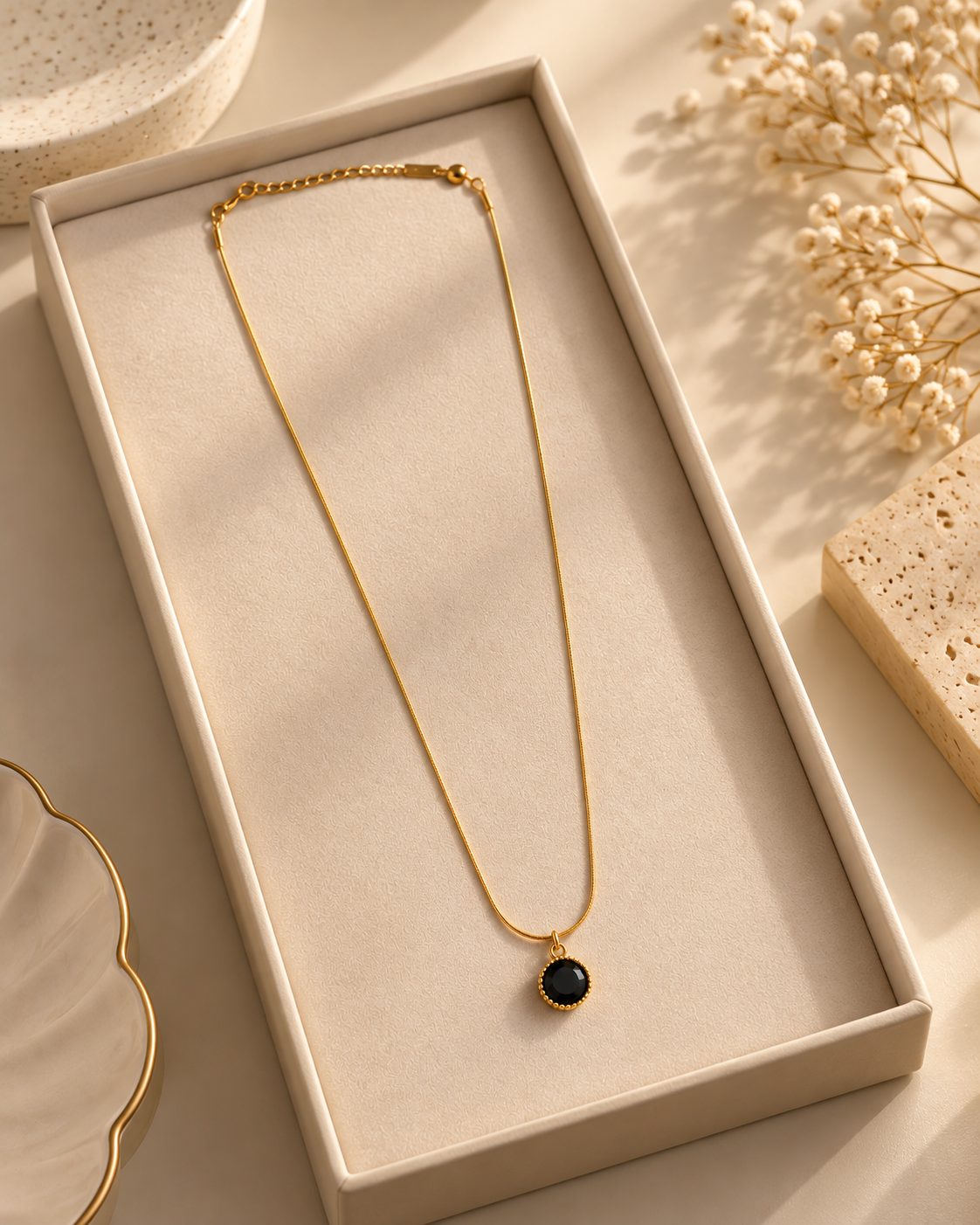 Black Stone Pendant Necklace for Women | Minimalist Gold-Tone Necklace | Anti-Tarnish Jewellery