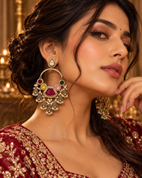 Traditional Gold-Tone Chandbali Earrings with Stone Work & Pearl Jhumki Drops