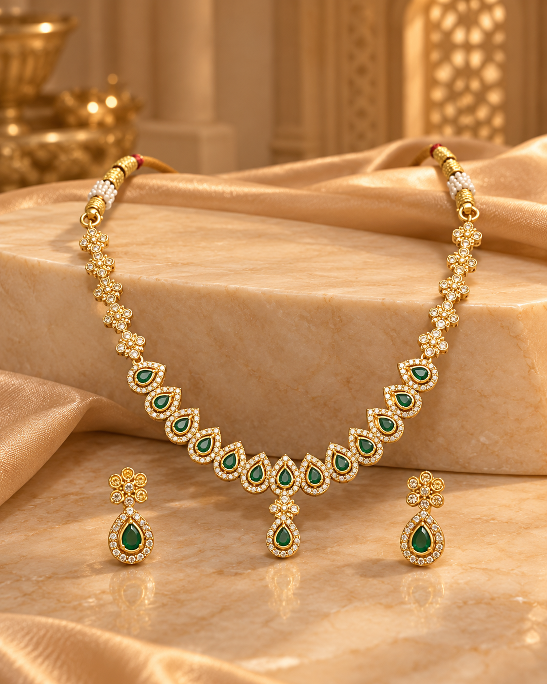 AD Necklace Set for Women, Premium Gold-Look American Diamond Jewellery with Necklace & Matching Earrings, Traditional Festive Wedding Jewellery for Saree & Ethnic Wear