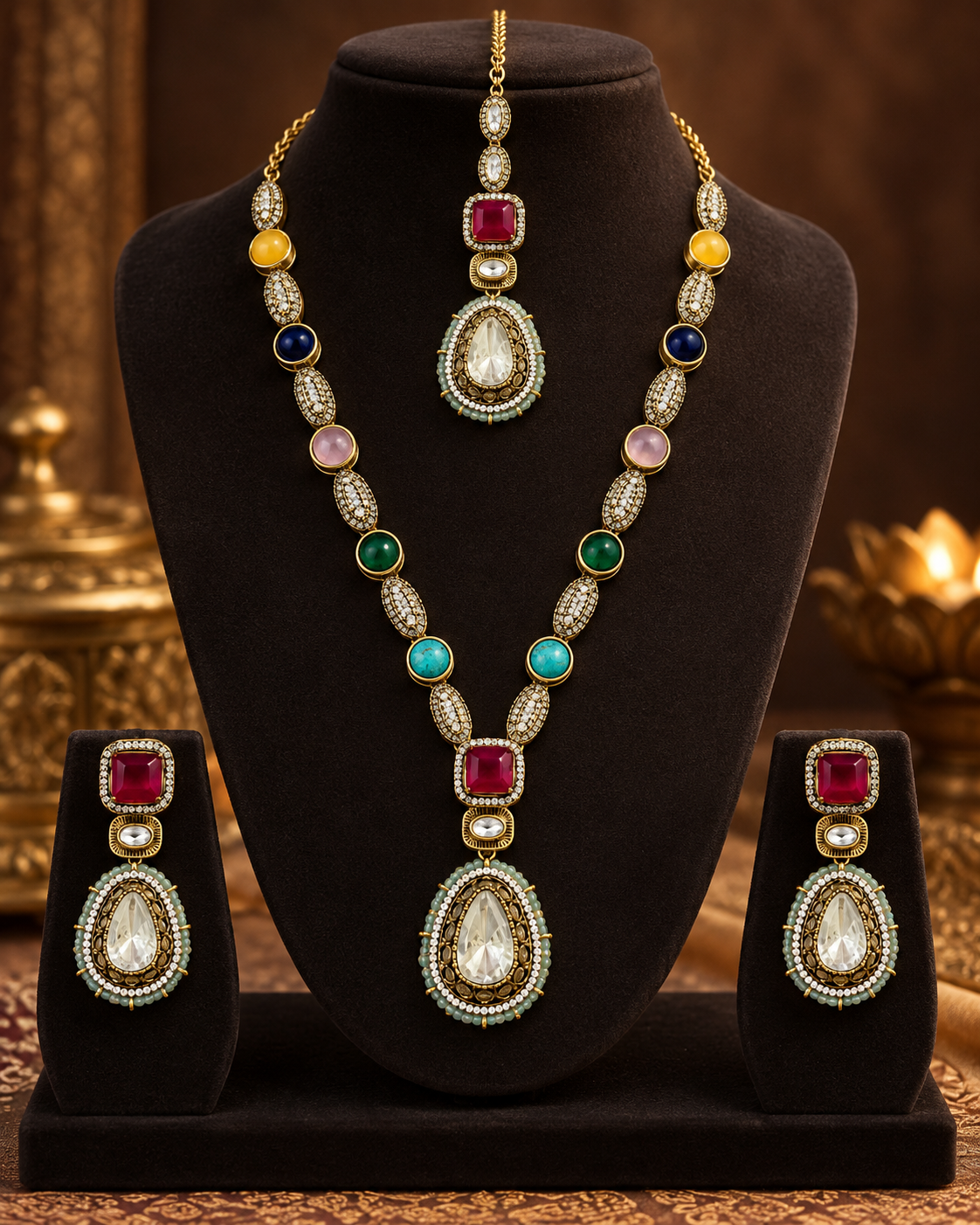 Multicolour Moissanite Necklace Set for Women with Earrings, Heavy-Look Lightweight Indian Ethnic Jewellery for Wedding, Diwali, Karwa Chauth & Festive Occasions