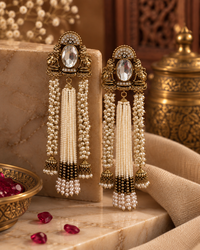Long Pearl Earrings for Women, Traditional Gold-Tone Kundan Style Statement Earrings with Crystal Stone & Pearl Tassel Detailing, Ethnic Party Wear Jewellery for Wedding & Festive Occasions
