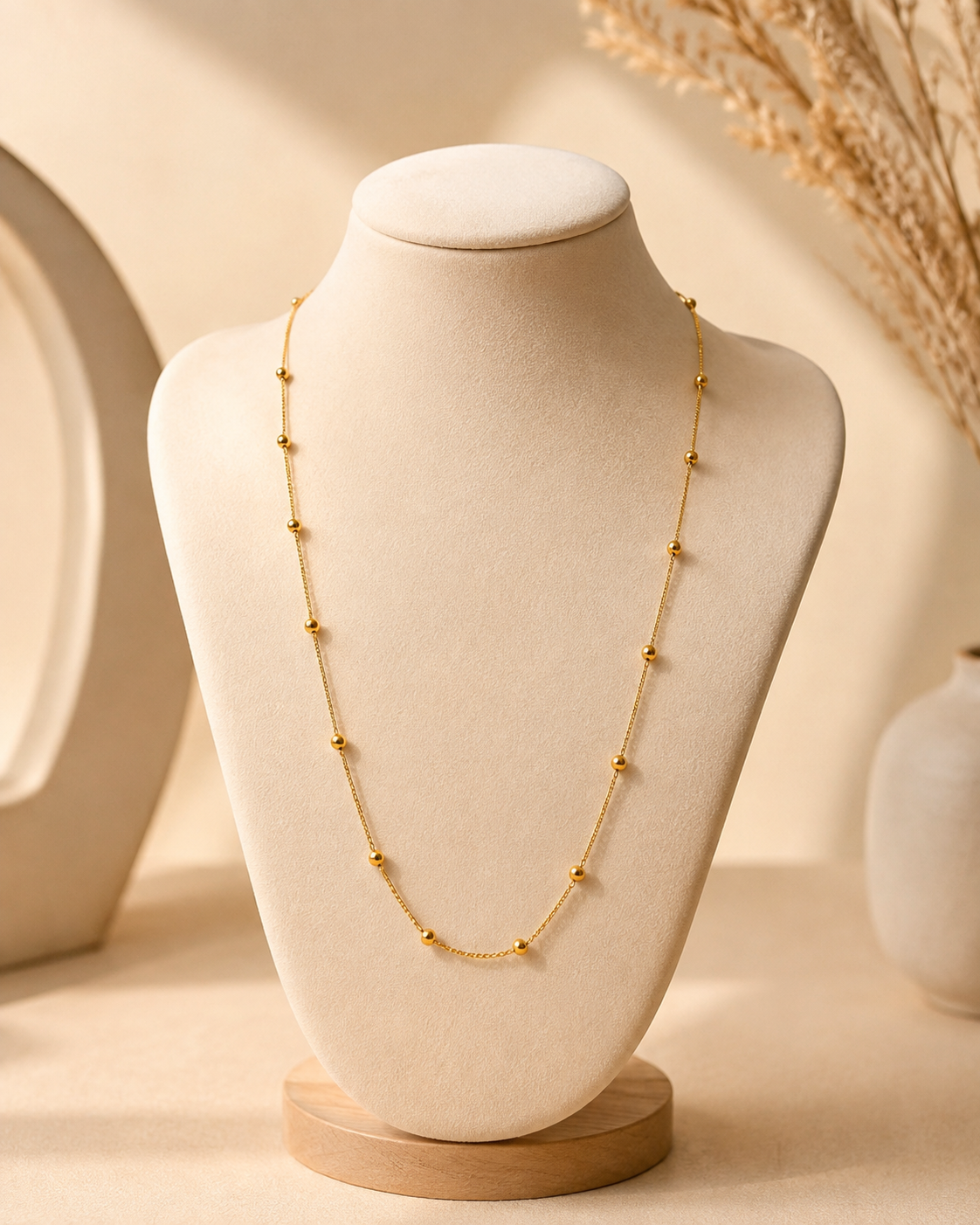 Gold Beaded Long Necklace for Women | Dainty Ball Chain Necklace | Minimalist Layering Jewellery