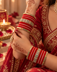 Red Bridal Bangle Set for Women, Designer Chooda Kangan with Stone Studded Gold Detailing, Traditional Wedding Jewellery for Festive Wear, Sizes 2.4 2.6 & 2.8