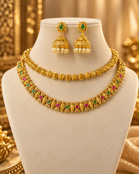 South Indian Style Necklace Set for Women, Multicolour Gold-Look Temple Jewellery with Matching Earrings, Heavy Look Festive Ethnic Jewellery for Wedding, Diwali & Functions