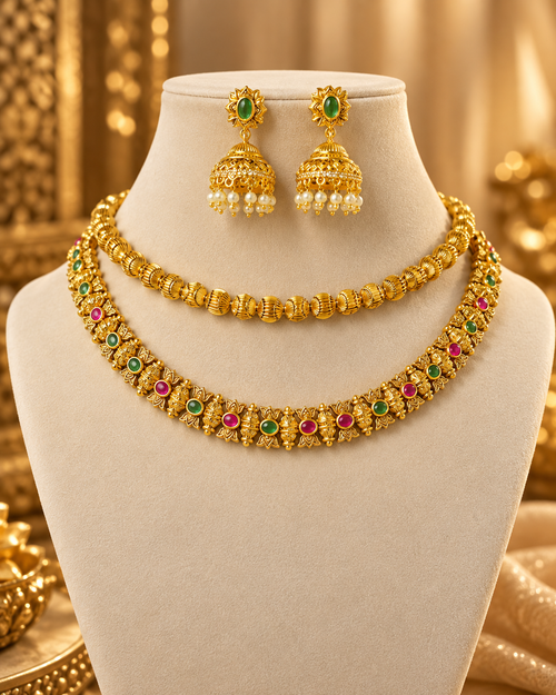 South Indian Style Necklace Set for Women, Multicolour Gold-Look Temple Jewellery with Matching Earrings, Heavy Look Festive Ethnic Jewellery for Wedding, Diwali & Functions