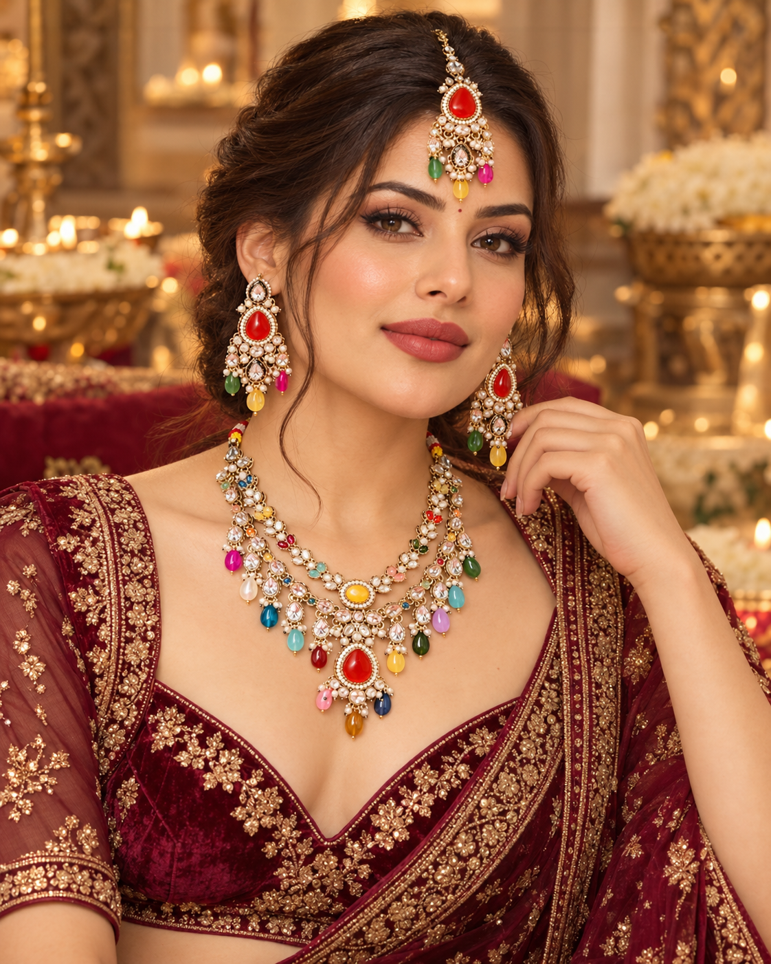 Multicolour Gold-Tone Traditional Bridal Jewellery Set for Women with Red Stone Necklace, Matching Earrings & Maang Tikka | Ethnic Wedding & Festive Jewellery