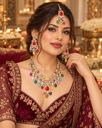 Multicolour Gold-Tone Traditional Bridal Jewellery Set for Women with Red Stone Necklace, Matching Earrings & Maang Tikka | Ethnic Wedding & Festive Jewellery