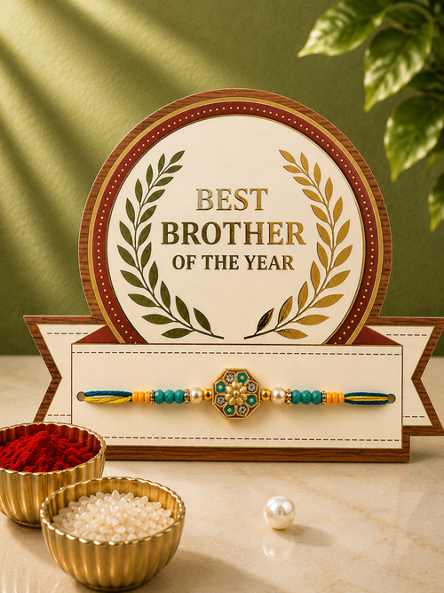 Designer Rakhi for Brother with Best Brother of the Year Display Card | Premium Handmade Raksha Bandhan Rakhi | Fancy Thread Rakhi Gift | Jugnu Store (2 Variants)