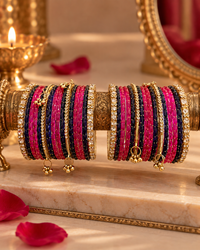 Pink Purple Glass Bangle Set for Women, Designer Kangan Choodiyan with Stone Studded Gold Detailing & Ghungroo Charms, Wedding Festive Jewellery, Sizes 2.4 2.6 2.8