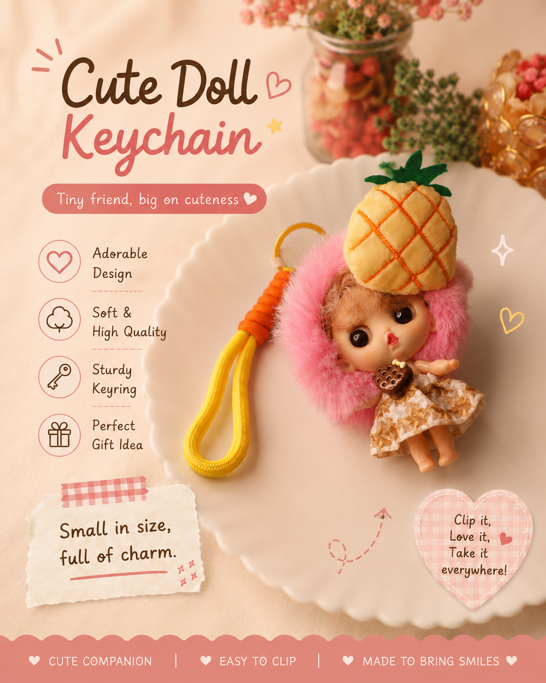 Cute Doll Keychain | Pineapple Girl Bag Charm | Kawaii Mini Doll Keyring