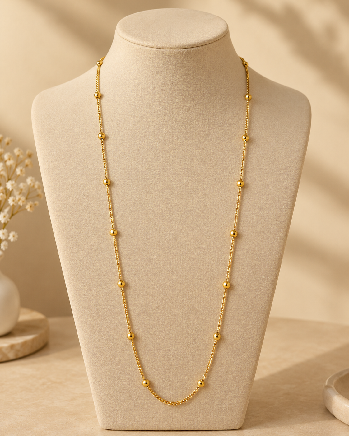 Gold Beaded Long Necklace for Women | Dainty Ball Chain Necklace | Minimalist Layering Jewellery