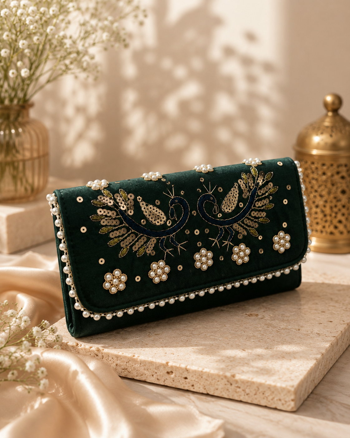 Handcrafted Velvet Peacock Embroidered Clutch for Women with Pearl Work